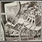 Etching of a print gallery merging with the real world
