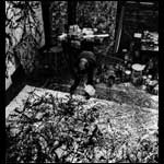 A photograph of Jackon Pollock, painting