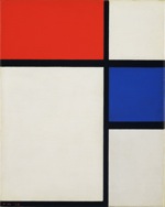 Bildo 2: Piet Mondrian, Komponado n-ro II, kun ruĝo kaj bluo 1929, kolekto MoMA, Nov-Jorko